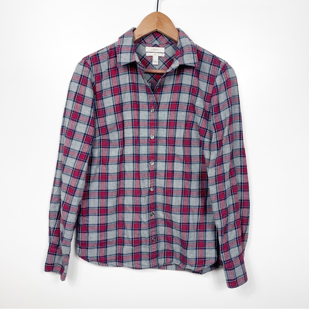 J Crew Boy Gray Tartan Plaid Flannel Button Up Blouse Womens Size 2